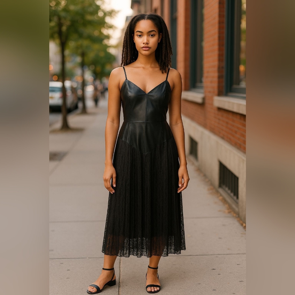 Norma Kamali Black Satin Sheer Lace Sleeveless Midi Dress Women's Size 10